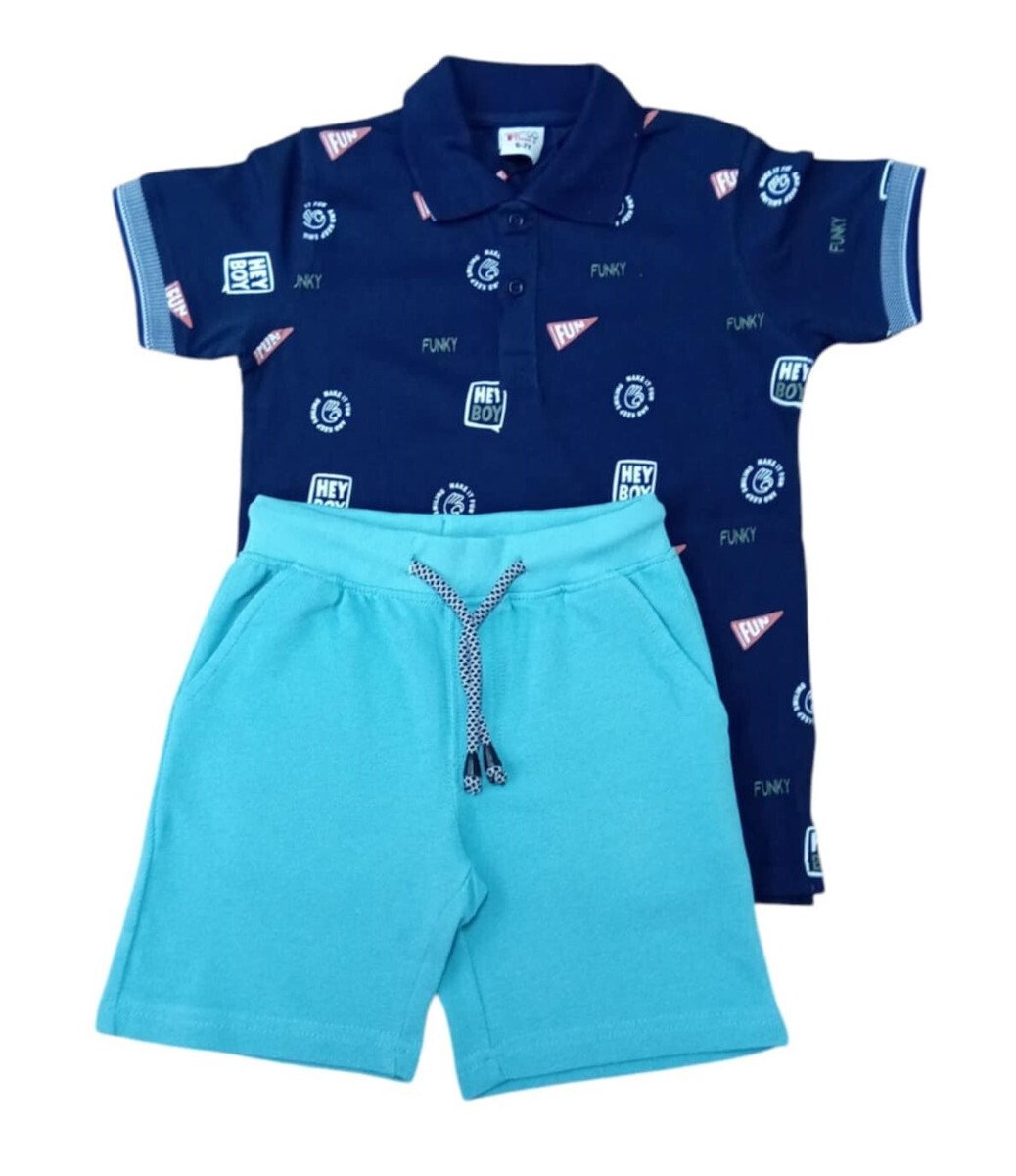 125-101306-1 Funky Σετ μπλούζα πόλο βερμούδα πικέ αγόρι μπλε allover diamond