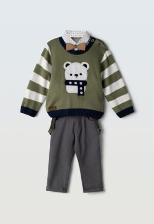 243601 Hashtag Σετ πουκάμισο παντελόνι πουλόβερ μηνών αγόρι χακί