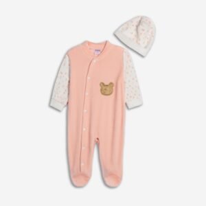 226-060132-1 Funky Φορμάκι ολόσωμο βελουτέ με σκουφάκι μηνών κορίτσι ροζ σομόν εκρού