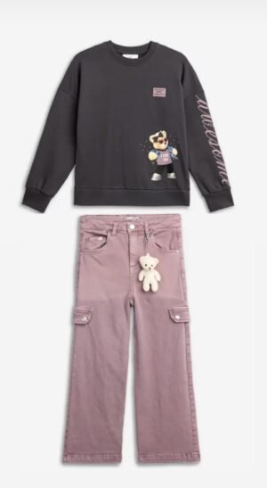 226-592109-1 Funky Σετ μπλούζα φούτερ παντελόνα τζιν κορίτσι ανθρακί καμέλια