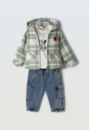 255616 Hashtag Σετ μπλούζα παντελόνι τζιν cargo ζακέτα μηνών αγόρι μέντα