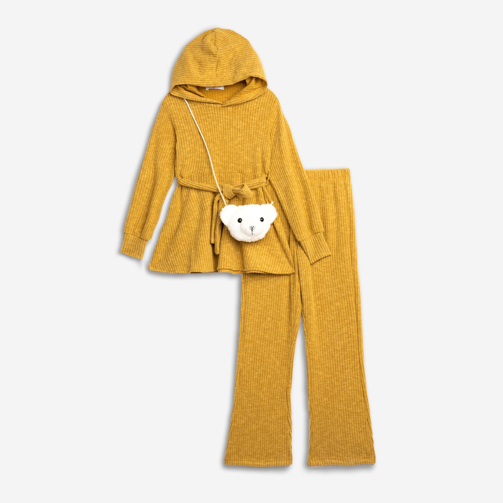 226-523102-1 Funky Σετ μπλούζα με κουκούλα παντελόνα τσαντάκι γούνινο κορίτσι μουσταρδί
