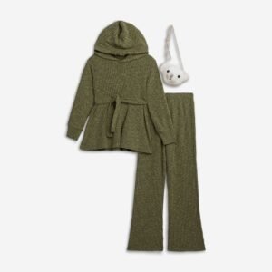 226-523102-2 Funky Σετ μπλούζα με κουκούλα παντελόνα τσαντάκι γούνινο κορίτσι λαδί