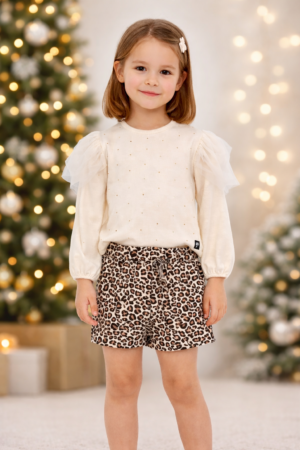 226-506122-1 Funky Σετ μπλούζα σορτς-φούστα κορίτσι εκρού λεοπάρ