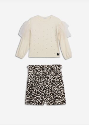 226-506122-1 Funky Σετ μπλούζα σορτς-φούστα κορίτσι εκρού λεοπάρ