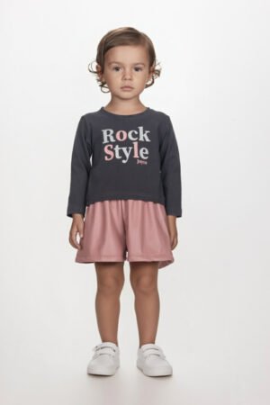 25611161 Joyce Σετ μπλούζα σορτς δερματίνη κορίτσι ανθρακί dusty pink