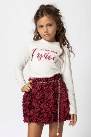 GNS858 Genius Σετ μπλούζα φούστα κορίτσι εκρού μπορντό