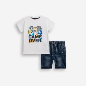 126-302102-1 Funky Σετ μπλούζα βερμούδα τζιν αγόρι λευκό μπλε