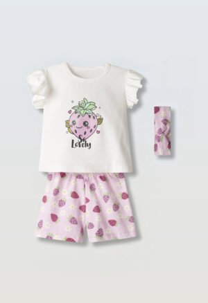 266515 Ebita Σετ μπλούζα σορτς με κορδέλα μηνών κορίτσι λευκό ροζ allover
