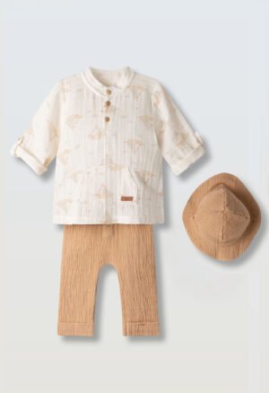 266600 Hashtag Σετ πουκάμισο παντελόνι καπέλο μηνών αγόρι εκρού