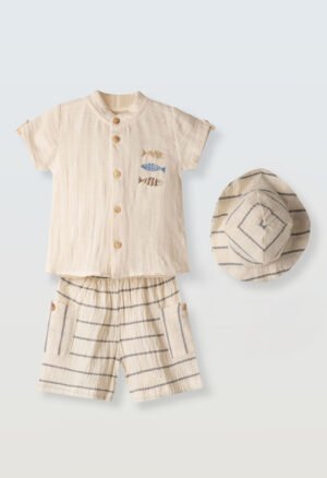 266601 Hashtag Σετ πουκάμισο βερμούδα καπέλο μηνών αγόρι εκρού