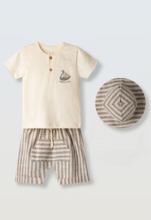 266602 Hashtag Σετ μπλούζα βερμούδα καπέλο μηνών αγόρι εκρού