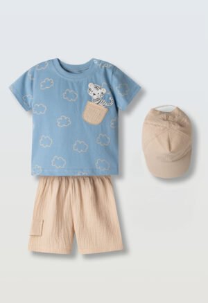 266611 Hashtag Σετ μπλούζα βερμούδα καπέλο μηνών αγόρι σιέλ