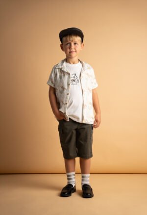 266819 Hashtag Σετ μπλούζα πουκάμισο βερμούδα cargo αγόρι εκρού allover χακί