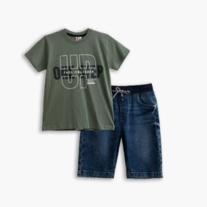 126-102101-2 Funky Σετ μπλούζα βερμούδα τζιν ανοιχτό χακί μπλε