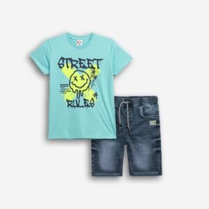 126-102103-1 Funky Σετ μπλούζα βερμούδα τζιν αγόρι τυρκουάζ μπλέ