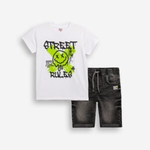 126-102103-2 Funky Σετ μπλούζα βερμούδα τζιν αγόρι λευκό μαύρο