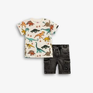 126-302103-1 Funky Σετ μπλούζα βερμούδα τζιν αγόρι εκρού allover μαύρο