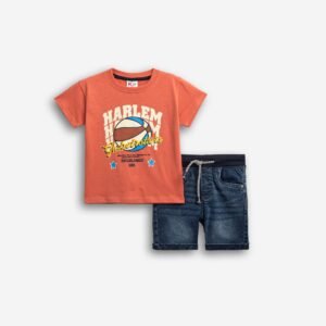 126-302106-1 Funky Σετ μπλούζα βερμούδα τζιν αγόρι τερακότα μπλέ