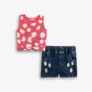 126-526106-2 Funky Σετ μπλούζα σορτς τζιν κορίτσι φλαμίνγκο allover μπλέ