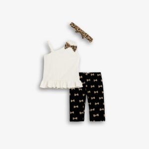 126-739108-1 Funky Σετ μπλούζα κολάν κορδέλα κορίτσι εκρού-μόκα μαύρο allover