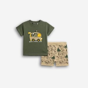 126-801206-1 Funky Σετ μπλούζα βερμούδα μηνών αγόρι χακί μπέζ άμμου allover