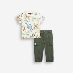 126-822104-1 Funky Σετ μπλούζα πόλο παντελόνι μηνών αγόρι εκρού allover χακί