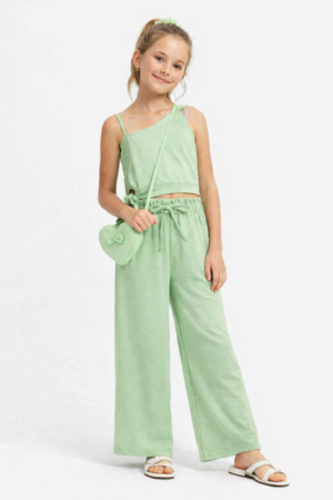 126-523108-1 Funky Σετ μπλούζα παντελόνα λινό με τσαντάκι κορίτσι φυστικί