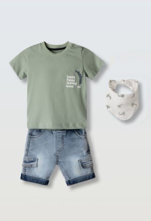 266604 Hashtag Σετ μπλούζα βερμούδα τζιν φουλάρι μηνών αγόρι χακί μπλε