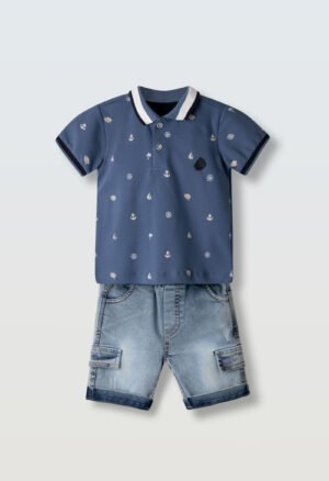 266605 Hashtag Σετ μπλούζα πόλο βερμούδα τζιν μηνών αγόρι μπλε