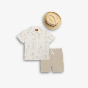 126-393104-1 Funky Σετ μπλούζα πόλο βερμούδα καπέλο αγόρι εκρού allover σοκολατί