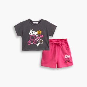 126-730101-1 Funky Σετ μπλούζα βερμούδα κορίτσι ανθρακί φλαμίνγκο ροζ