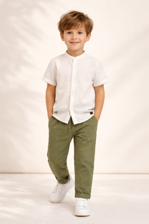 126-308100-1 Funky Σετ πουκάμισο λινό παντελόνι αγόρι εκρού ανοιχτό χακί